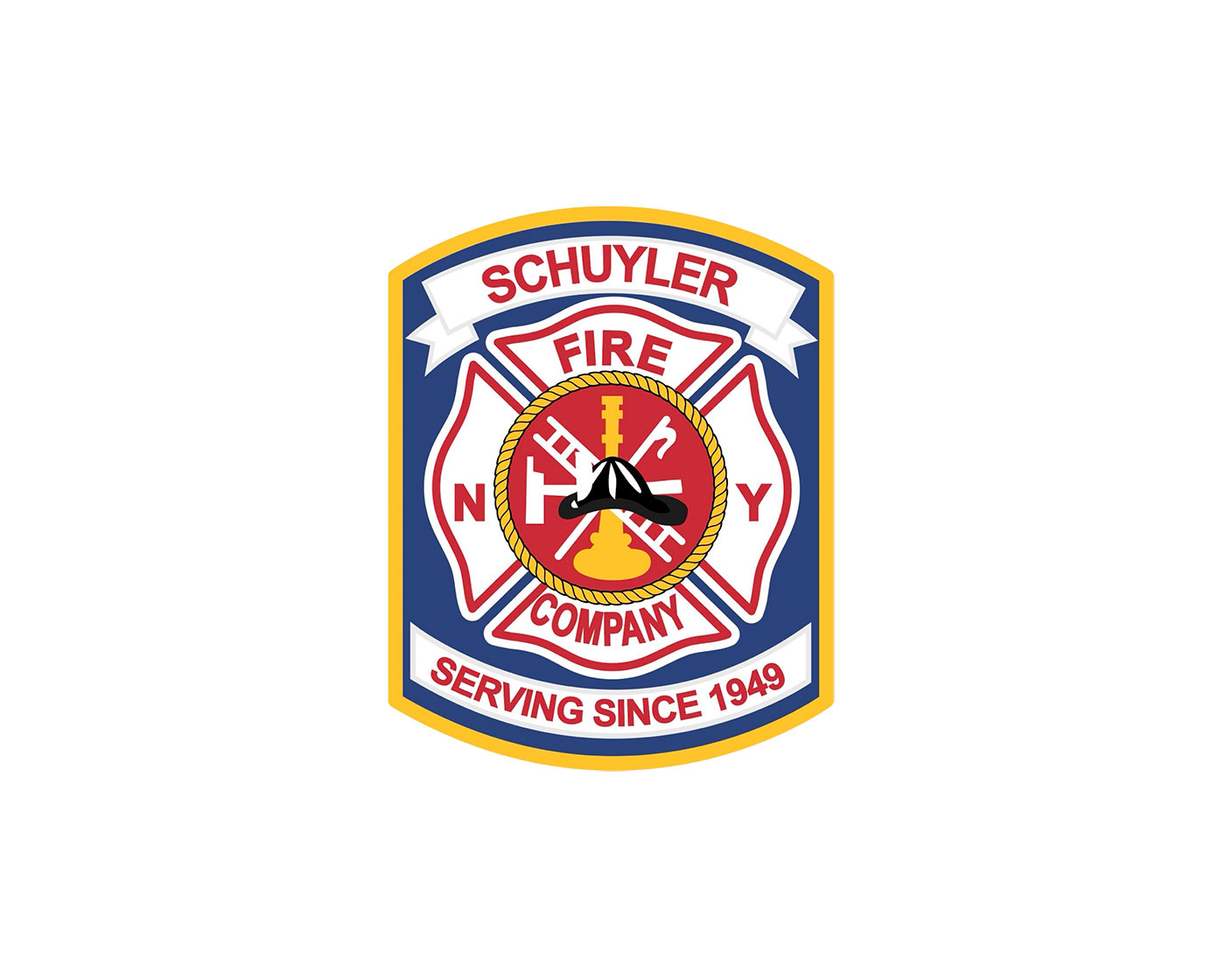A badge-shaped emblem for Schuyler Fire Company, with firefighting symbols in the center, the letters "N" and "Y" on sides, and the text "Serving Since 1949" at the bottom.