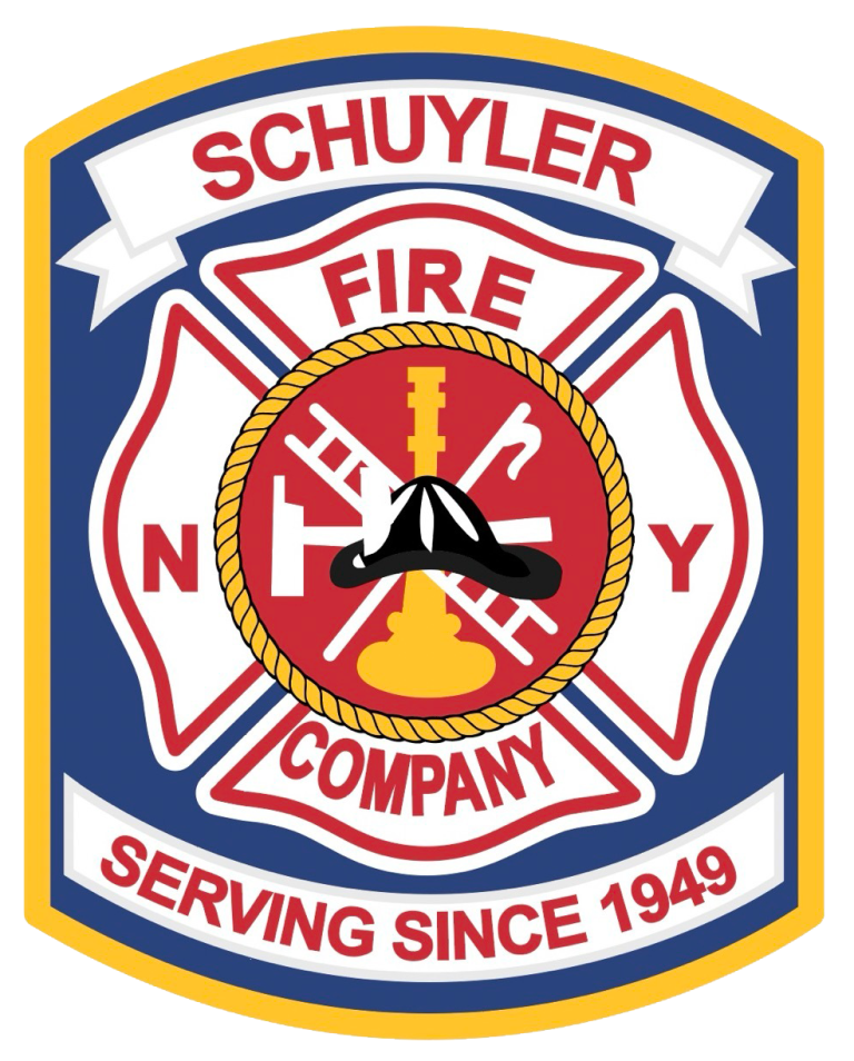 A badge-shaped logo for Schuyler Fire Company features firefighting symbols, "N Y" on either side, and reads "Serving Since 1949." The badge has a blue, red, white, and gold color scheme.